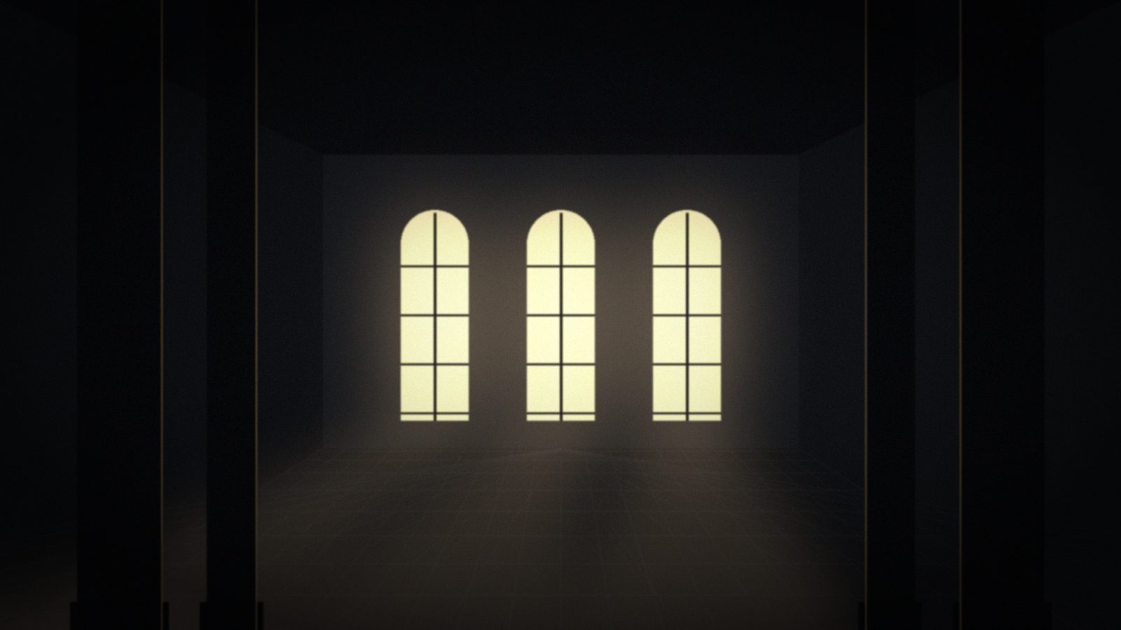 Dark architectural interior with warm backlight falling through tall windows onto a stone floor